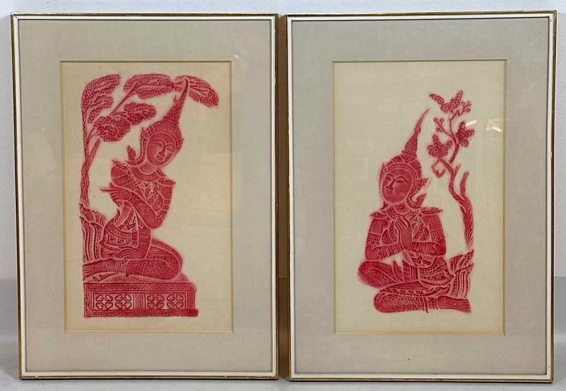 PAIR OF VINTAGE THAI TEMPLE RUBBINGS IN GILT FRAMES (1 of 12)
