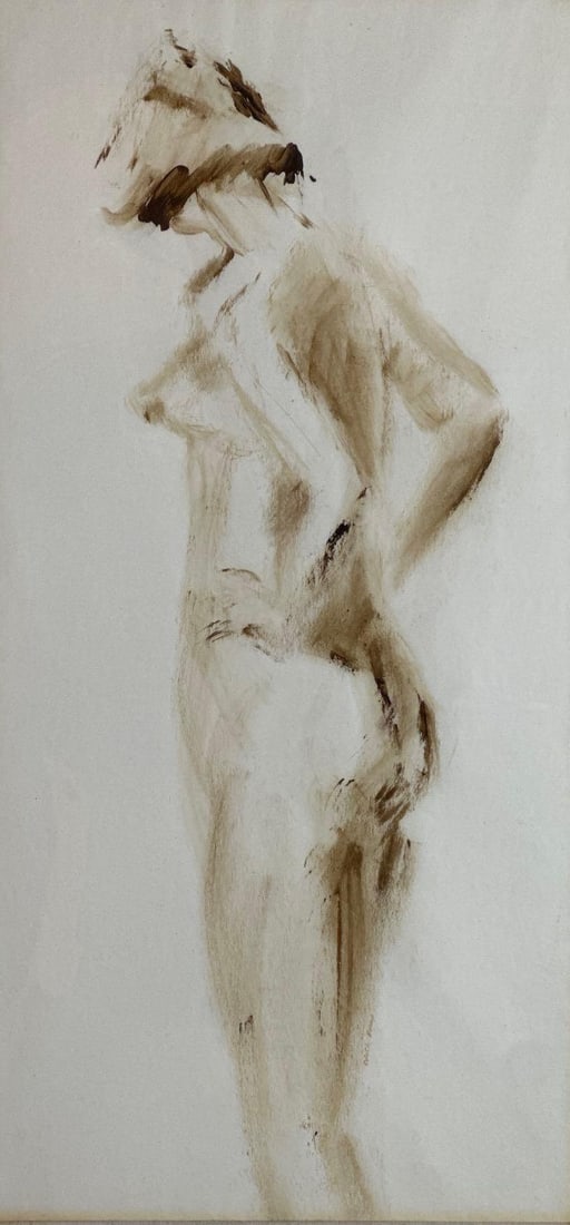 VINTAGE INK ON PAPER FEMALE NUDE SKETCH: Minimalist gestural ink wash drawing on paper depicting a standing female nude in profile, mounted with a linen mat in a decorative silver-toned metallic frame. Approximate Dimensions: 21” x 10&