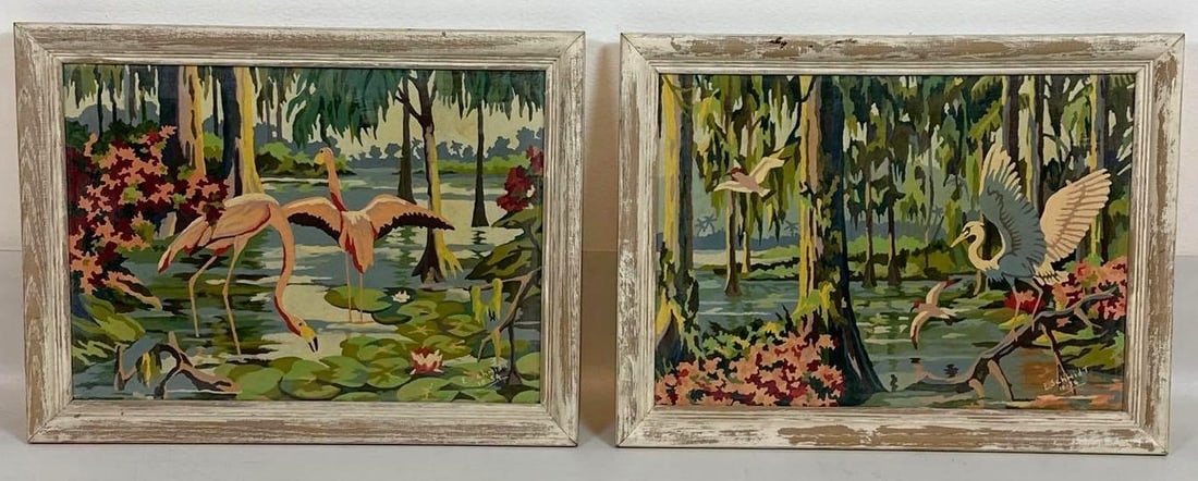 PAIR OF VINTAGE MID-CENTURY TROPICAL LANDSCAPE PAINT-BY-NUMBER ART (1 of 9)