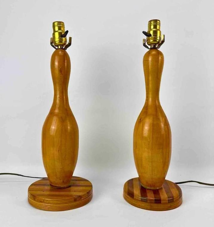 PAIR OF DANISH? WOODEN BOWLING PIN LAMPS (1 of 9)