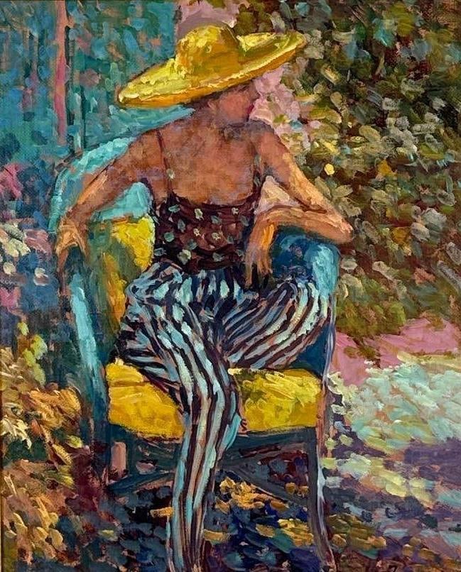 OIL ON CANVAS PAINTING: *Mid-century impressionist oil on canvas of a seated woman in a sunlit garden setting wearing a yellow hat and striped trousers Approximate Dimensions: 16" x 13"; Frame23" x 20" Artist