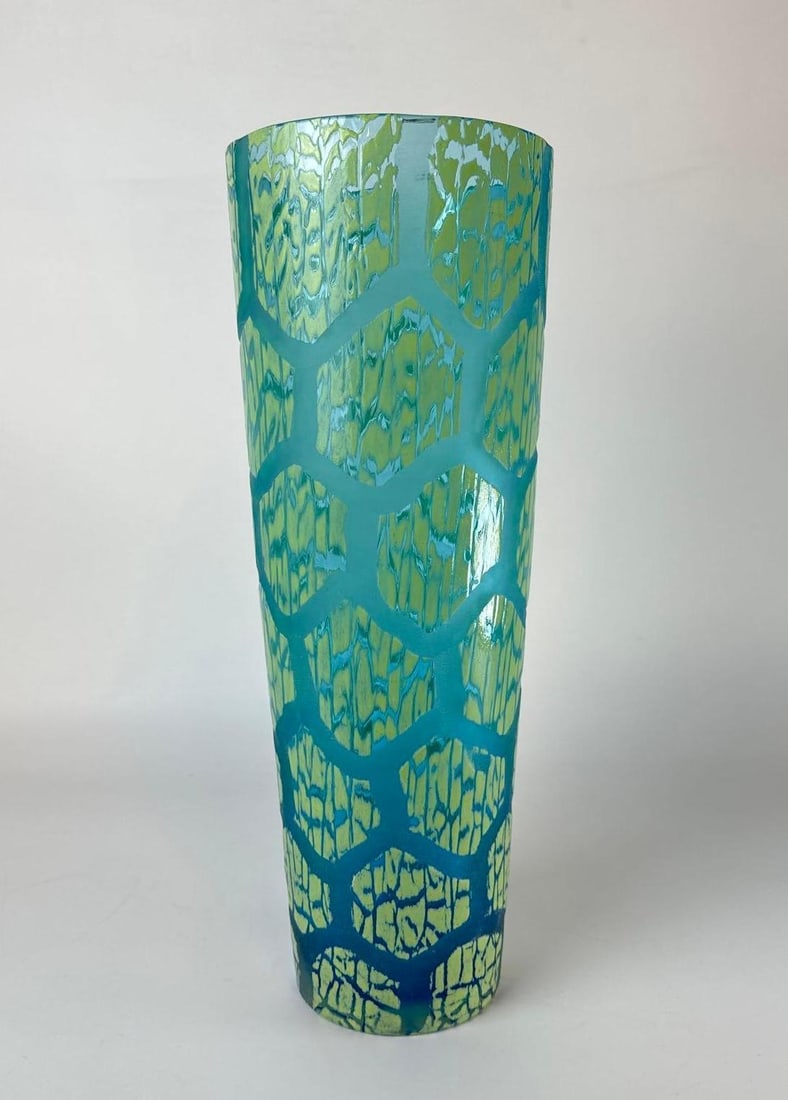 MURANO STYLE LARGE HAND BLOWN ART GLASS CENTERPIECE VASE: Elongated hand-formed glass vessel with a wide asymmetrical rim and vibrant orange-to-clear sommerso gradient. Approximate Dimensions: 16”L x 6”Dia Artist or Maker: Unknown