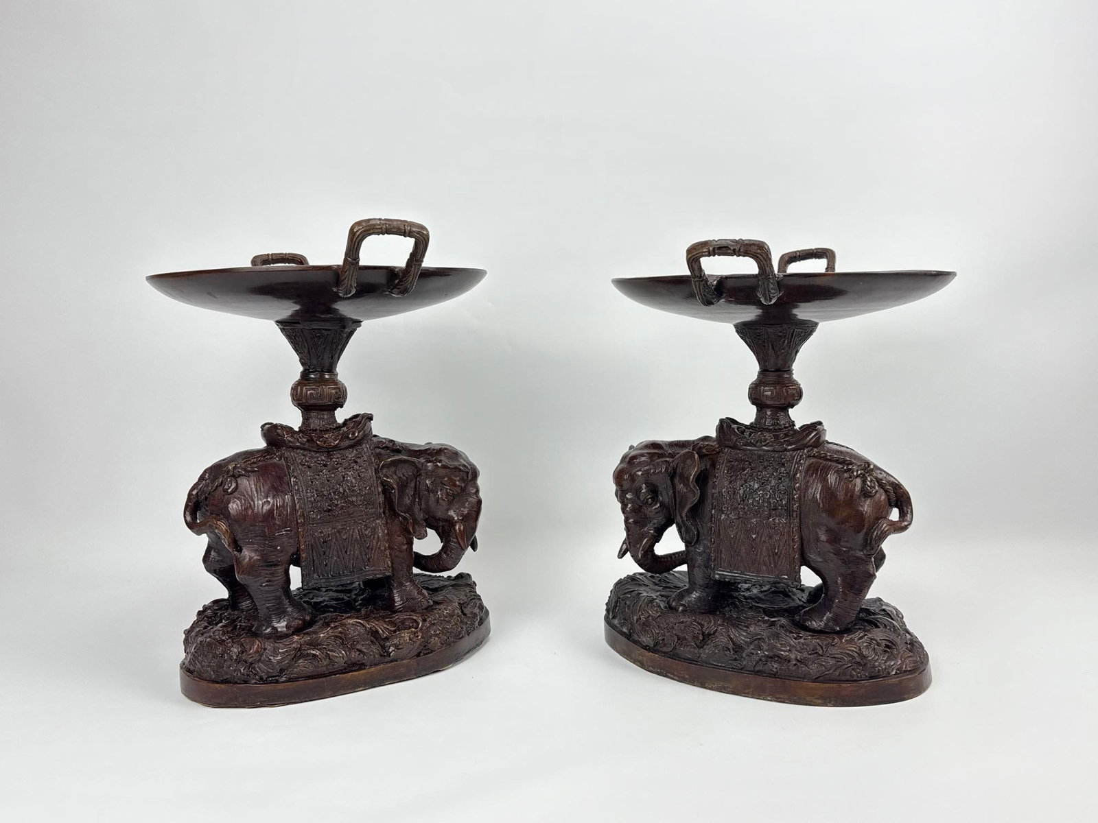 PAIR OF IMPRESSIVE PATINATED BRONZE ELEPHANT FORM TAZZAS (1 of 15)