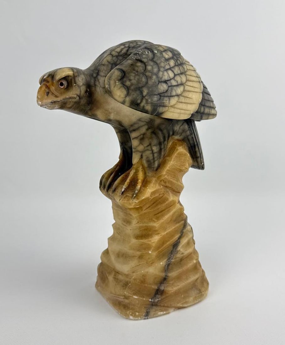 ANTIQUE ITALIAN ALABASTER SCULPTURE OF A HAWK OR CONDOR: Hand-carved natural stone figure of a predatory bird. Approximate Dimensions: 8.75”h x 6.5”w x 4”d Artist or Maker: Unknown Provenance: From a New York Collect
