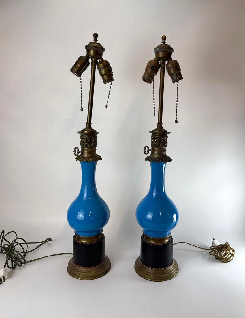 PAIR OF FRENCH CONVERTED OIL LAMPS WITH BLUE OPALINE GLASS C. 1880 (1 of 6)