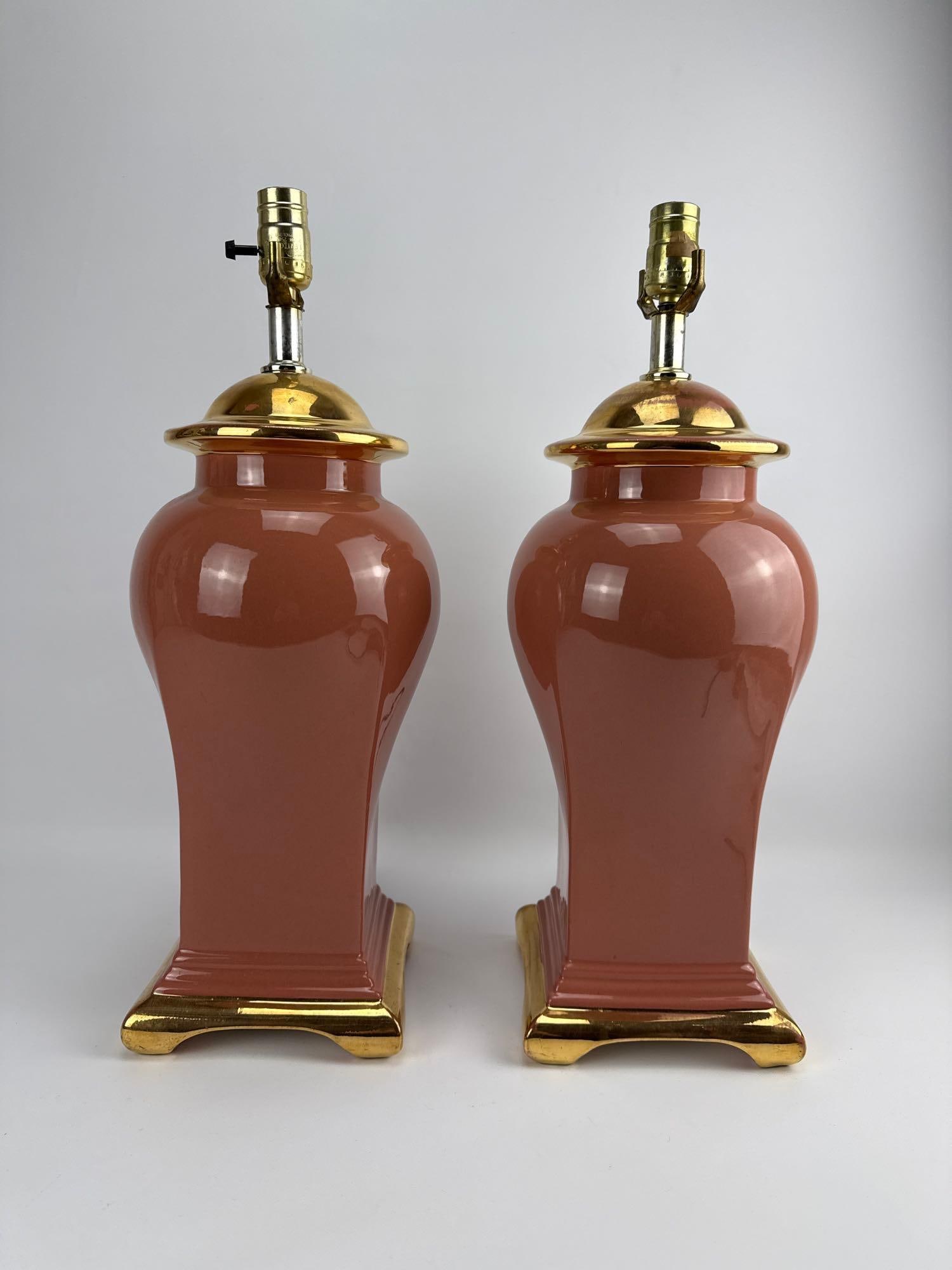 PAIR OF VINTAGE SALMON CERAMIC GINGER JAR LAMPS (1 of 8)