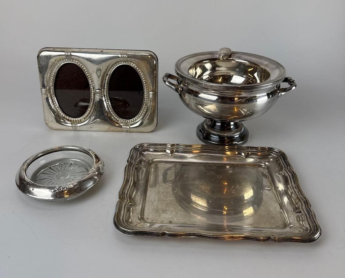 ESTATE SILVER PLATE DISCOVERY LOT WITH STERLING MOUNTED VIDE POCHE FRANK M. WHITING & CO (1 of 4)