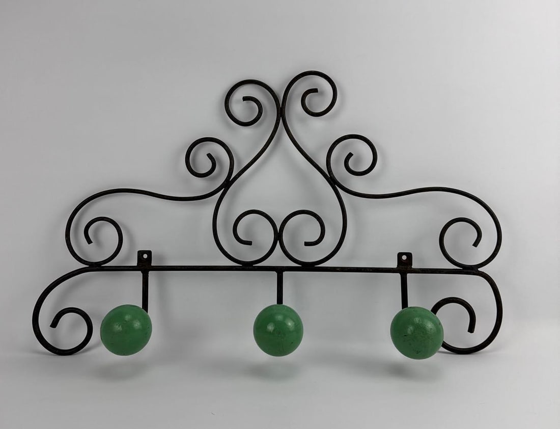 VINTAGE WROUGHT IRON AND WOOD BALL COAT RACK (1 of 5)