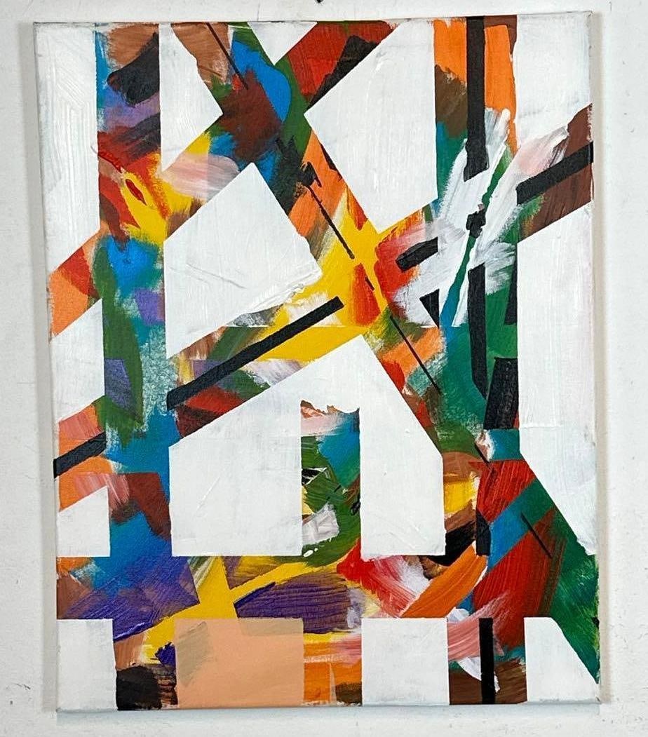 MID-CENTURY MODERN GEOMETRIC ABSTRACT OIL PAINTING: *Original hard-edge abstract composition on canvas featuring an arrangement of colored thick lines with thin black lines inside, against a white field. Approximate Dimensions: 20”L x 16”W 
