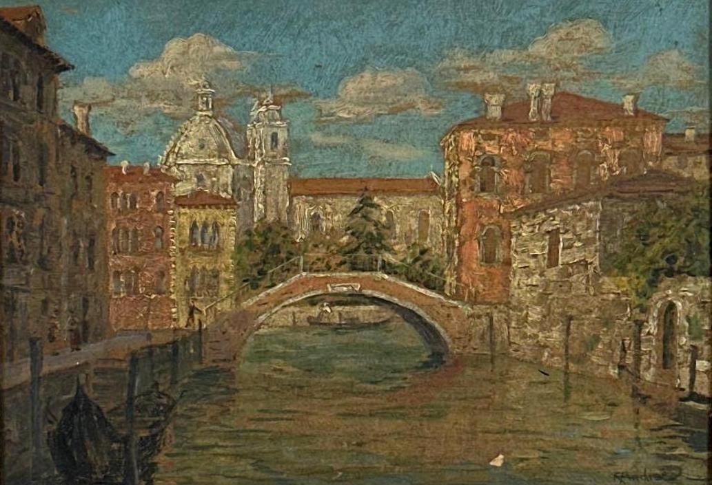 ANTIQUE VENETIAN CANAL SCENE OIL PAINTING ON BOARD (1 of 8)