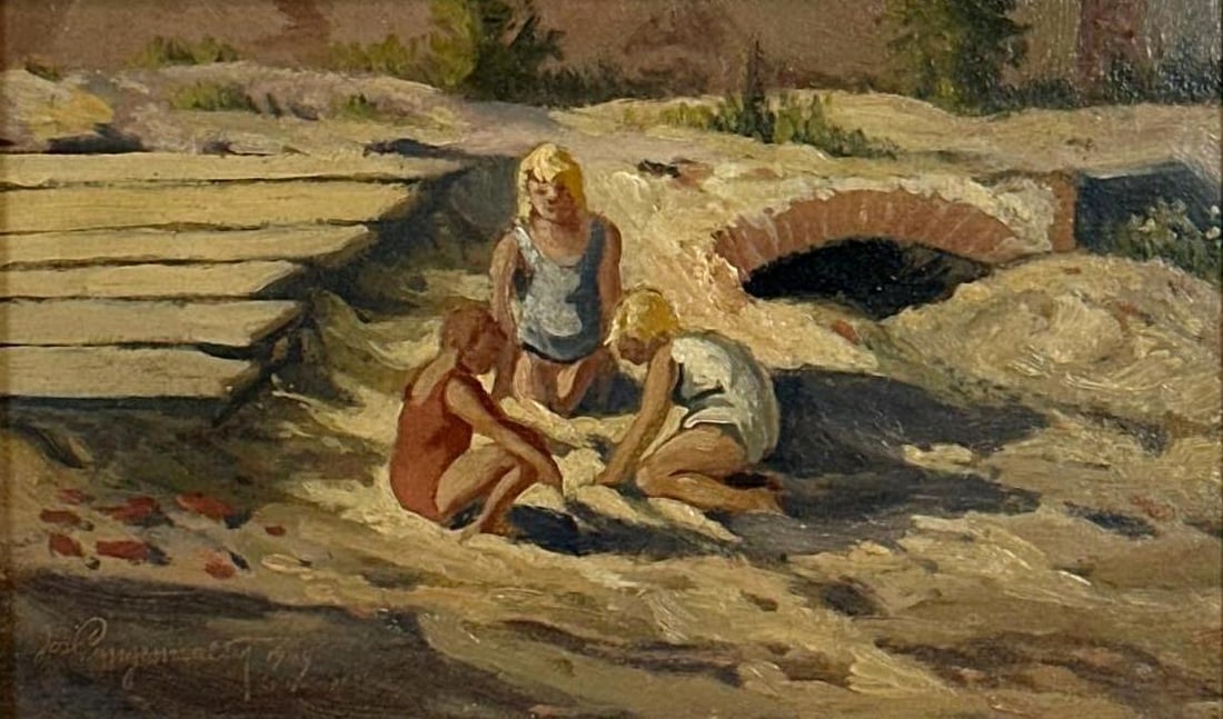 SIGNED OIL PAINTING: *Oil painting on board , dated 1949. Work depicts three children in swimwear playing in the sand near a bridge or structure. Signed and dated by the artist in the lower left corner. Housed in a gilt w