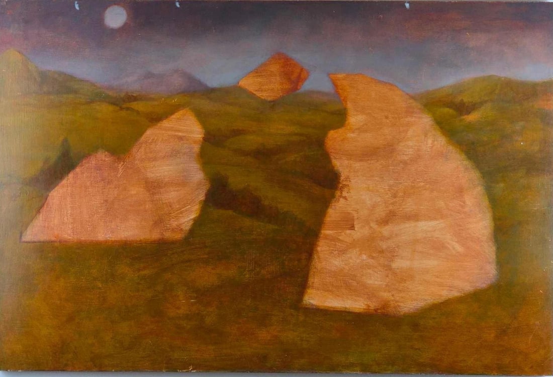 SURREALIST LANDSCAPE PAINTING ON PANEL: *Dreamlike nocturnal landscape depicting three monolithic geometric rock formations under a full moon rendered in an earthy tonal palette on wood panel. Approximate Dimensions: 24" x 36" Artis