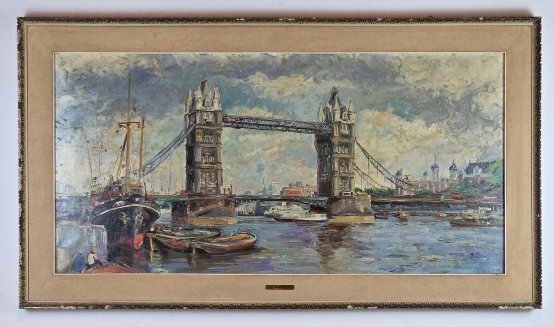 B. GROSSI SIGNED OIL ON CANVAS "LONDON BRIDGE": *An impressionist style oil painting on canvas depicting the Pool of London with Tower Bridge and ships/boats. Overall Approximate Dimensions: 30.75"L x 54.5"W Art Approximate Dimensions: 23.2