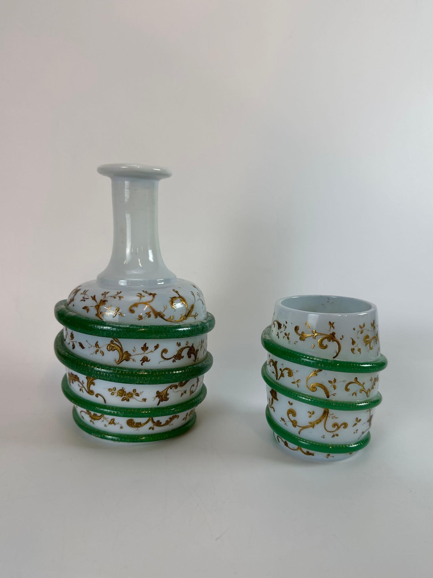 ANTIQUE BOHEMIAN OPALINE AND GREEN SNAKE COIL GLASS VANITY BOTTLES (1 of 9)