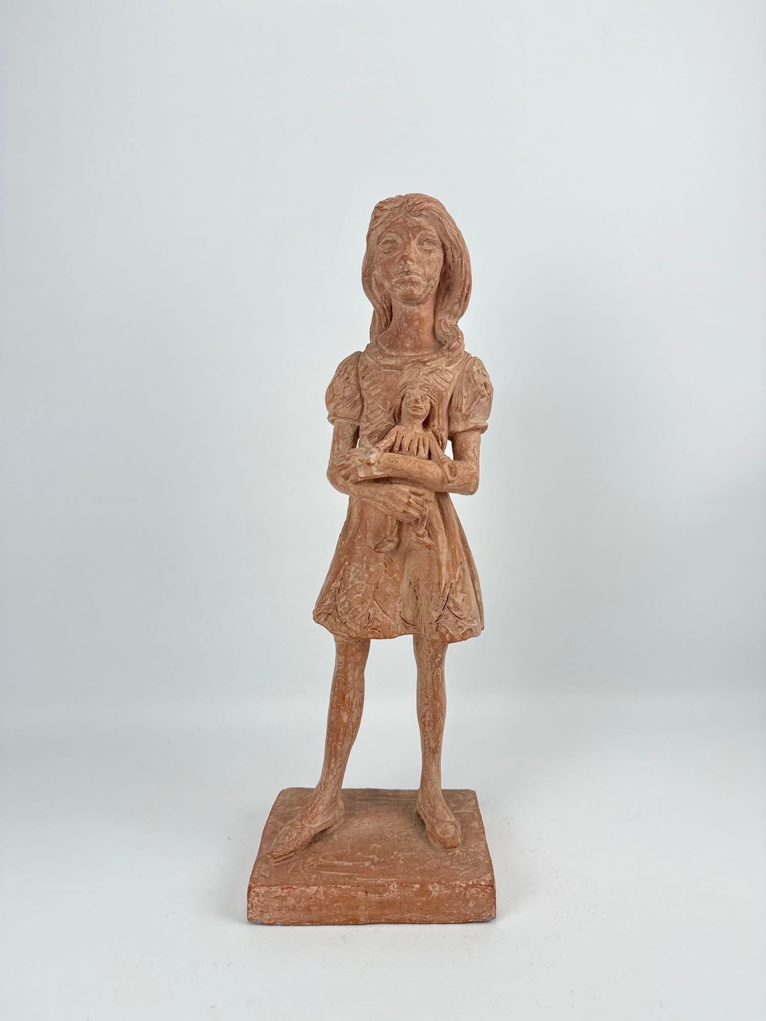 LARGE LEONARDO ARTWORKS INC. TERRACOTTA FIGURE OF GIRL WITH DOLL: Substantial mid-century clay sculpture depicting a young girl in a ruffled dress holding a doll with textured hand-finished surface. Note losses throughout. Approximate Dimensions: 20.5”h x 7.5&