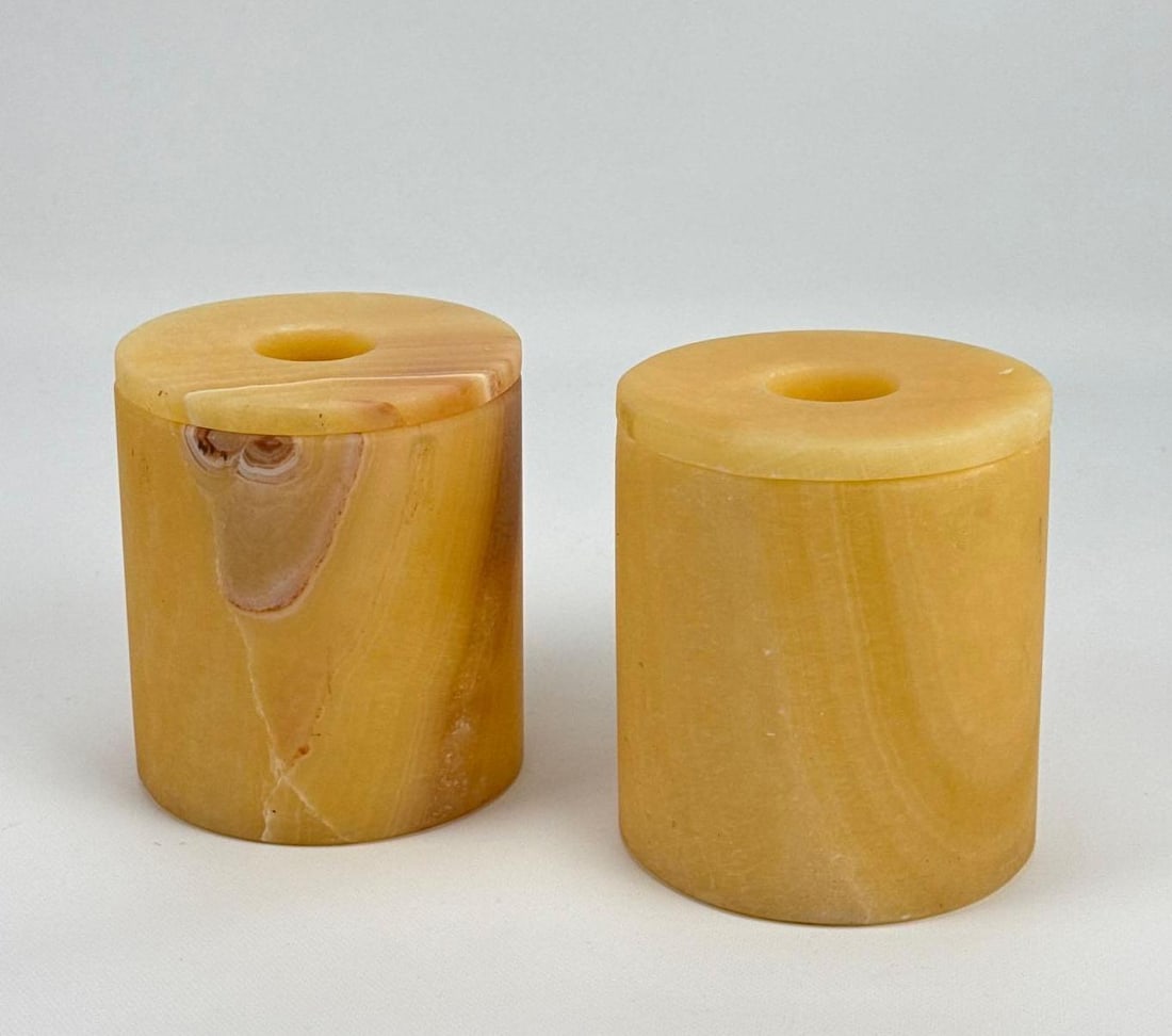 PAIR OF VINTAGE TRANSLUCENT ALABASTER CYLINDRICAL CANDLE HOLDERS (1 of 9)