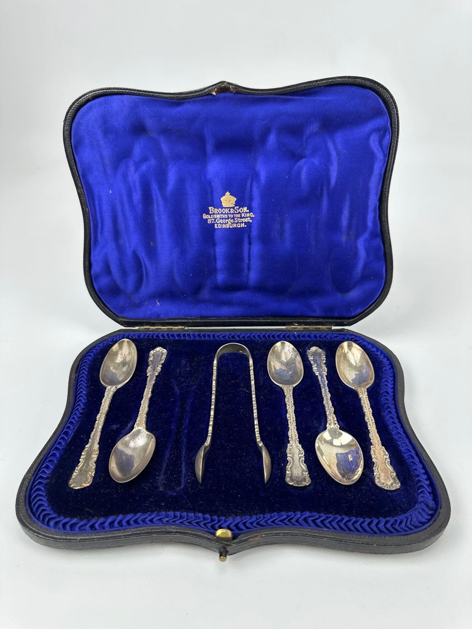 CASED STERLING SILVER COFFEE SPOON AND SUGAR TONG SET FROM BROOK & SON SCOTTLAND (1 of 6)