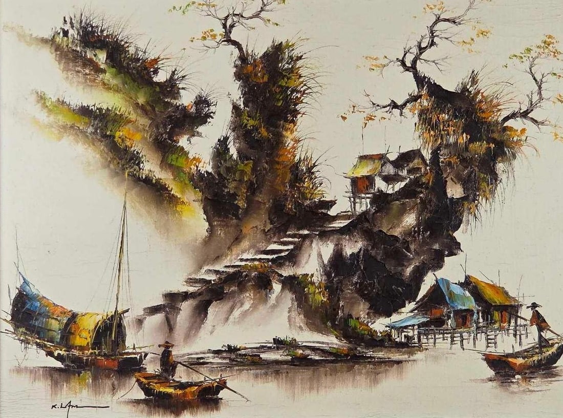 MID-CENTURY MODERN K. LAM SIGNED ASIAN COASTAL VILLAGE LANDSCAPE OIL PAINTING (1 of 10)