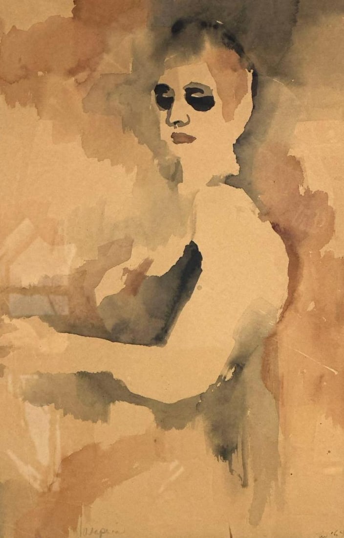 SIGNED WATERCOLOR PORTRAIT 1964: *Original 1960s stylized watercolor on paper of a woman in a gestural expressionist manner. Approximate Dimensions: 18”x12”; Frame 25”x19” Artist or Maker: Unknown