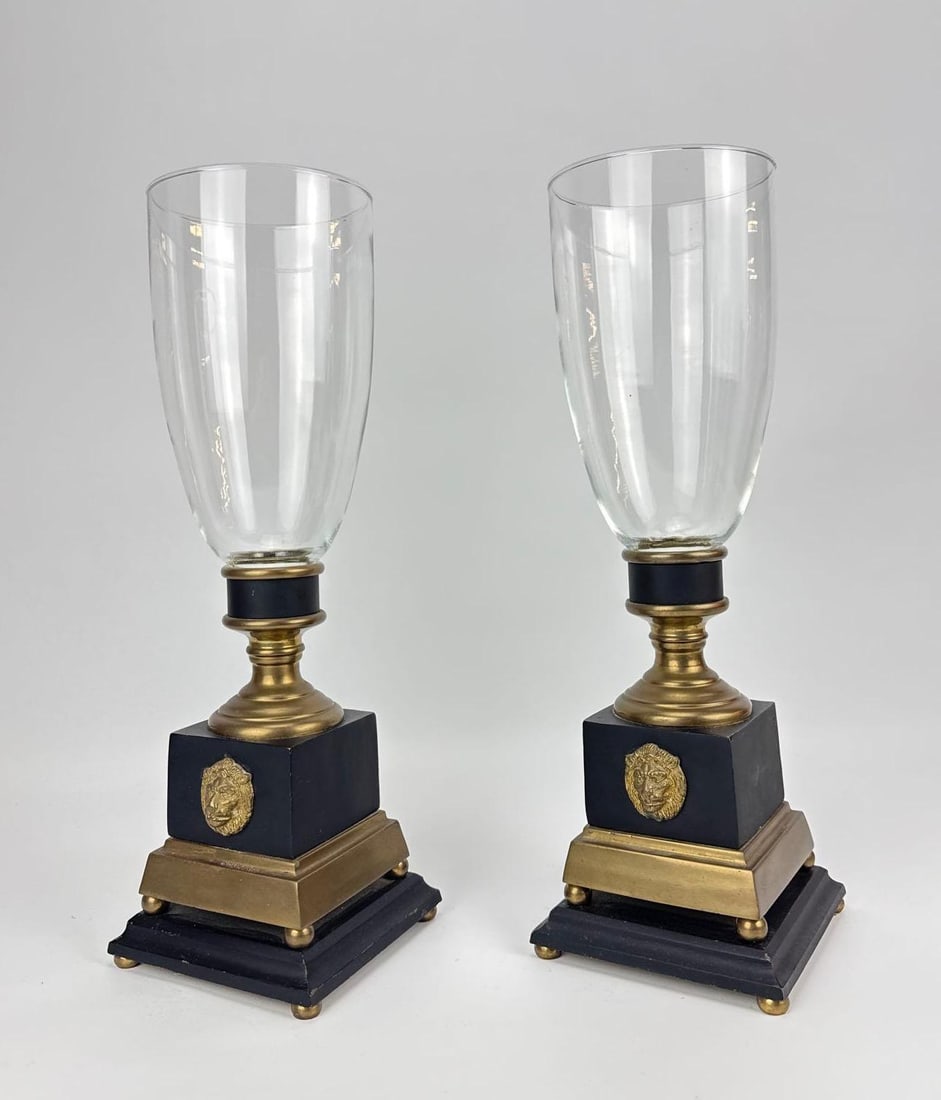 PAIR NEOCLASSICAL BRASS LION HEAD HURRICANE CANDLESTICKS (1 of 11)