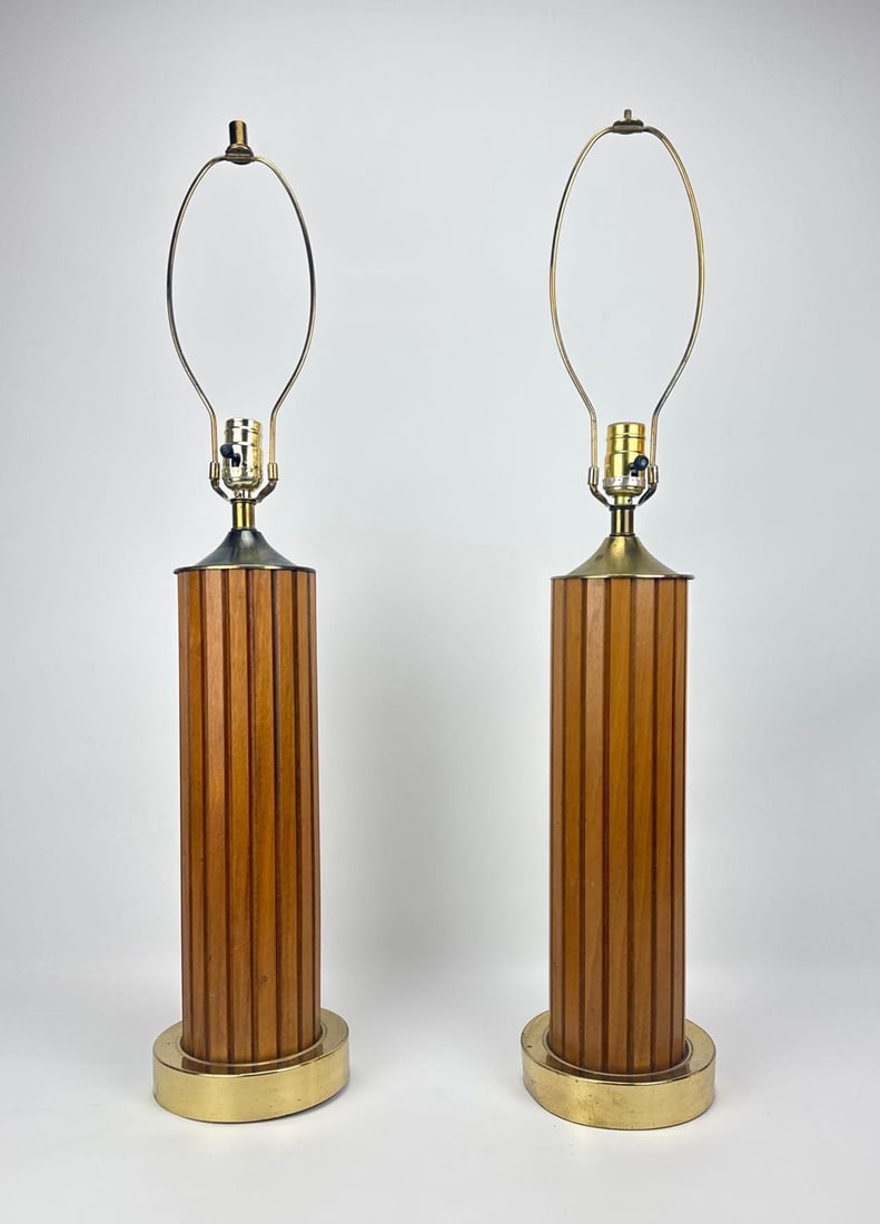 PAIR MID-CENTURY MODERN WOOD AND BRASS COLUMN TABLE LAMPS (1 of 6)