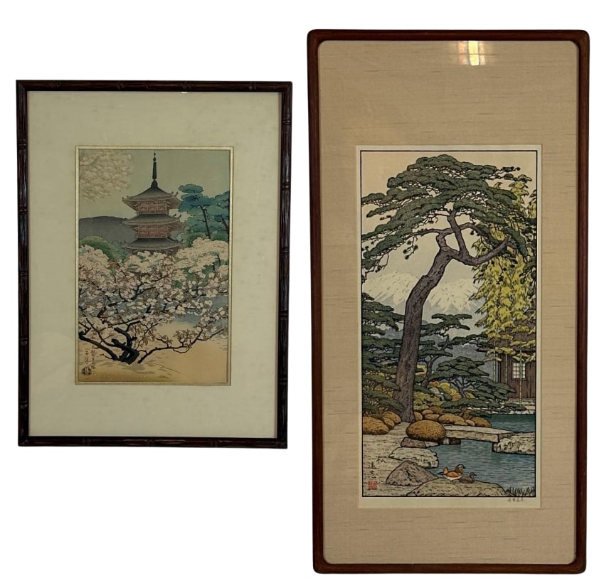 TOSHI YOSHIDA & UCHIDA ATELIER JAPANESE WOODBLOCK PRINTS PAIR: Pair of mid-century framed woodblock prints including Toshi Yoshida’s "Pine Tree of the Friendly Garden" and a landscape pulled at the Uchida Atelier in Kyoto. Approximate Dimensions: larger