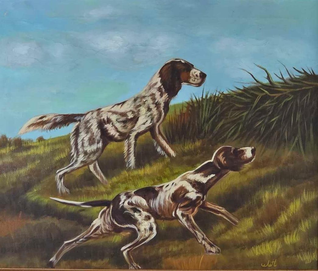 SIGNED OIL ON CANVAS SPORTING PAINTING POINTERS IN THE FIELD (1 of 6)