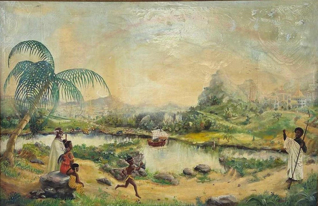 F. SAPP WALL-SIZED VINTAGE "HOMECOMING" FABULIST OIL ON CANVAS PAINTING (1 of 18)