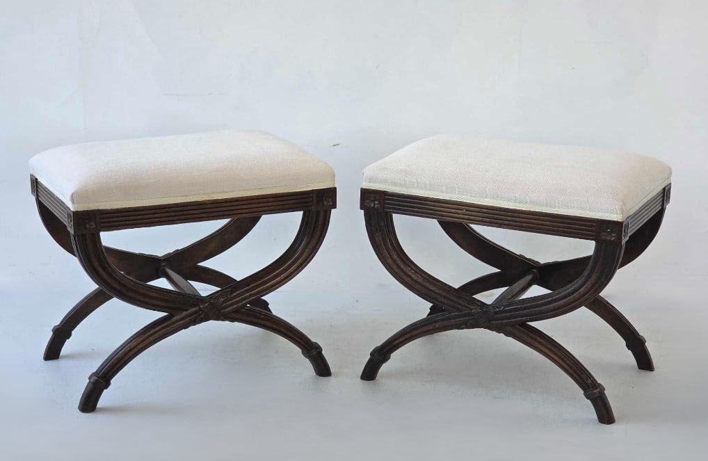 PAIR OF CARVED CURULE FORM BENCHES OR OTTOMANS (1 of 9)