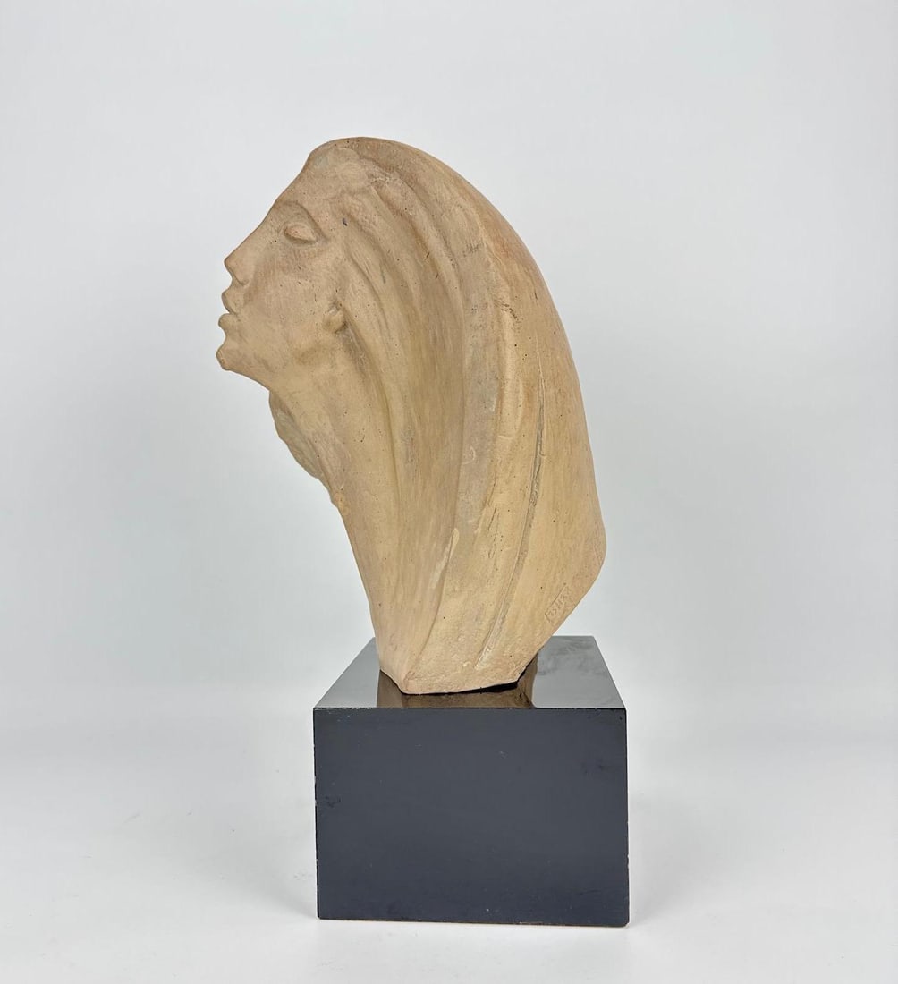VINTAGE AUSTIN PRODUCTIONS STYLIZED FEMALE PLASTER SCULPTURE: Stylized 1980s plaster sculpture depicting a woman’s head and upper torso with a textured "Durastone" finish and signed "Austin Prod Inc" on the reverse. Approximate Dimensions: 13.5