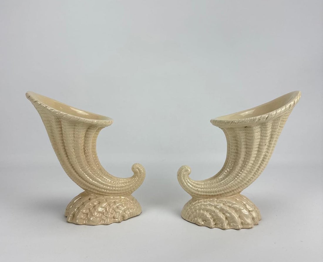 VINTAGE ITALIAN CERAMIC CORNUCOPIA RHYTON HORN VASES PAIR (1 of 8)