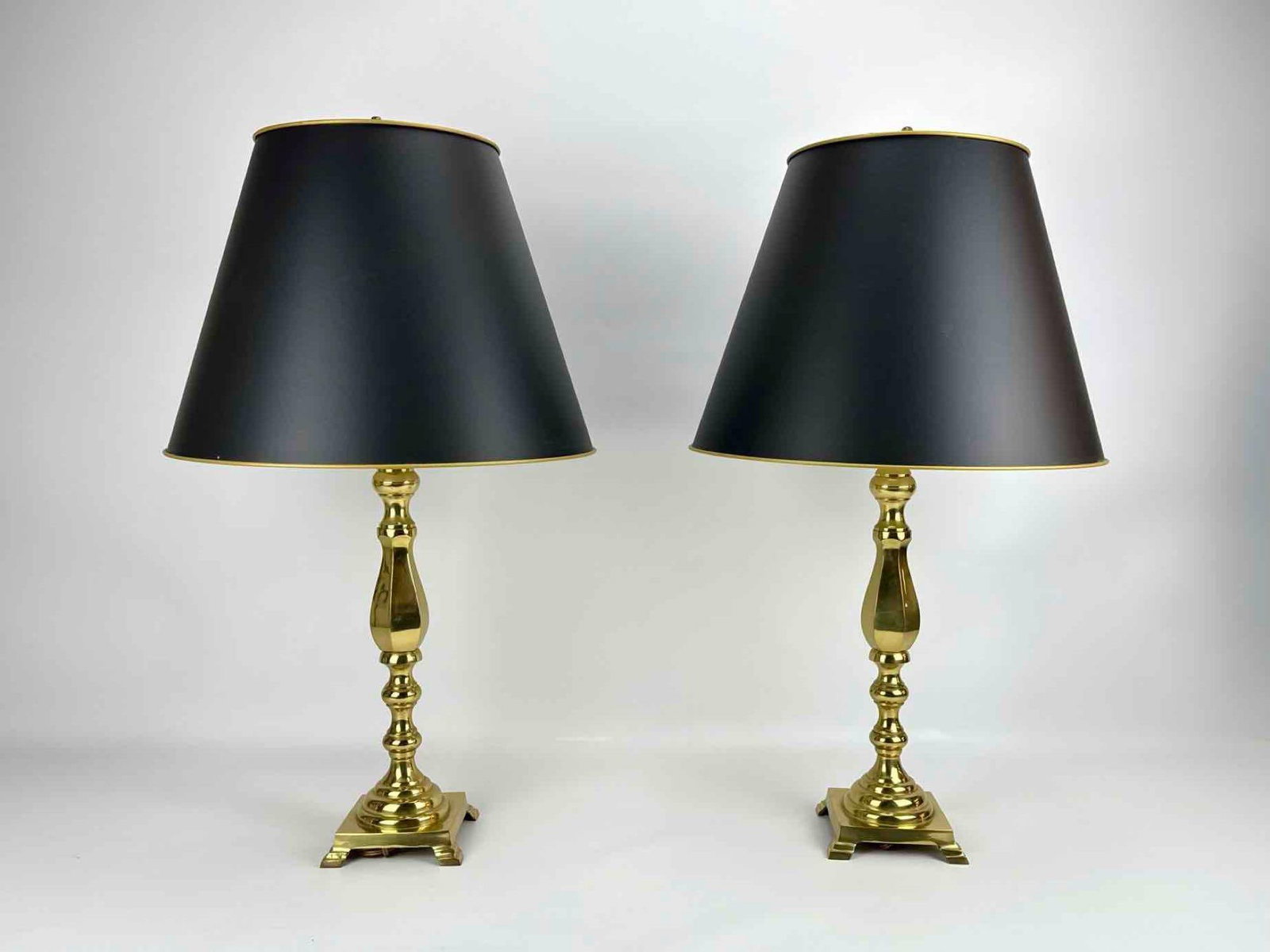 PAIR OF VINTAGE SOLID BRASS CANDLESTICK TABLE LAMPS - BALUSTER STEM WITH BLACK & GOLD SHADES (1 of 9)