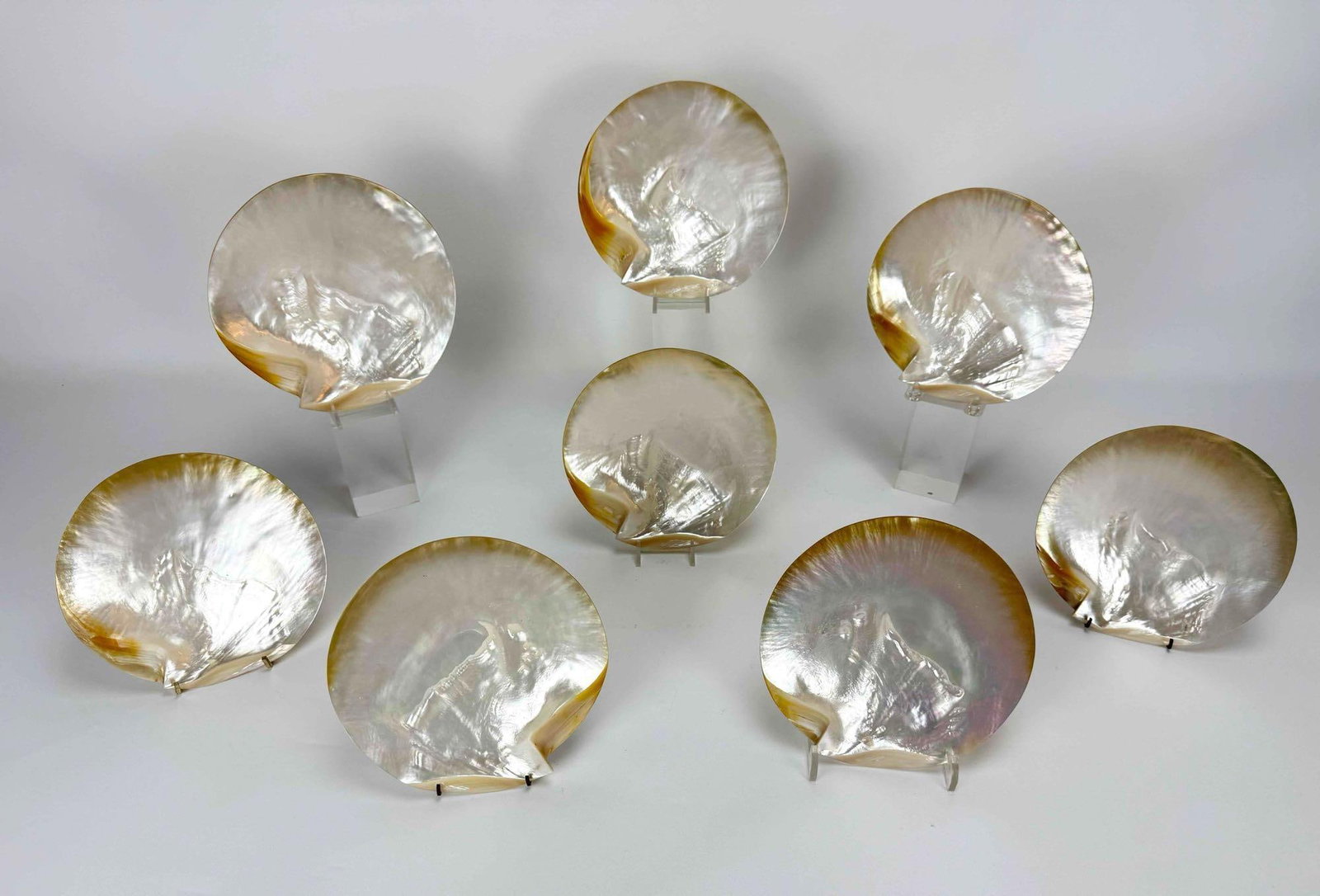 LARGE MOTHER OF PEARL CAVIAR APPETIZER SHELL PLATES SET OF EIGHT: A set of eight Iridescent hand-polished natural mother of pearl shell dishes with smooth circular form and original natural hinge detail. Approximate Dimensions: Largest 7.5" X 8" Artist or Ma