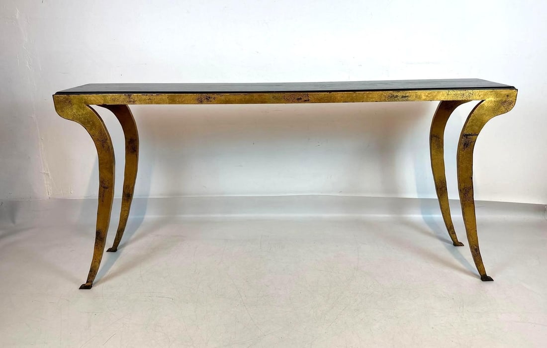 RARE IMPRESSIVE "FOUND FOR THE HOME" IRON CONSOLE TABLE DOWNSWEPT LEGS EBONIZED TOP (RETAIL $5800) (1 of 9)