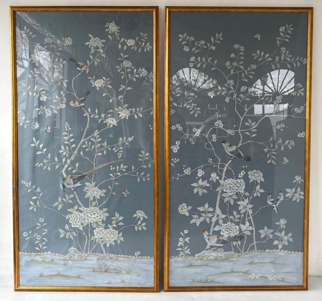 PAIR OF ENORMOUS CHINOISERIE FRAMED HAND PAINTED SILK PANELS IN THE GRACIE MANNER (1 of 10)
