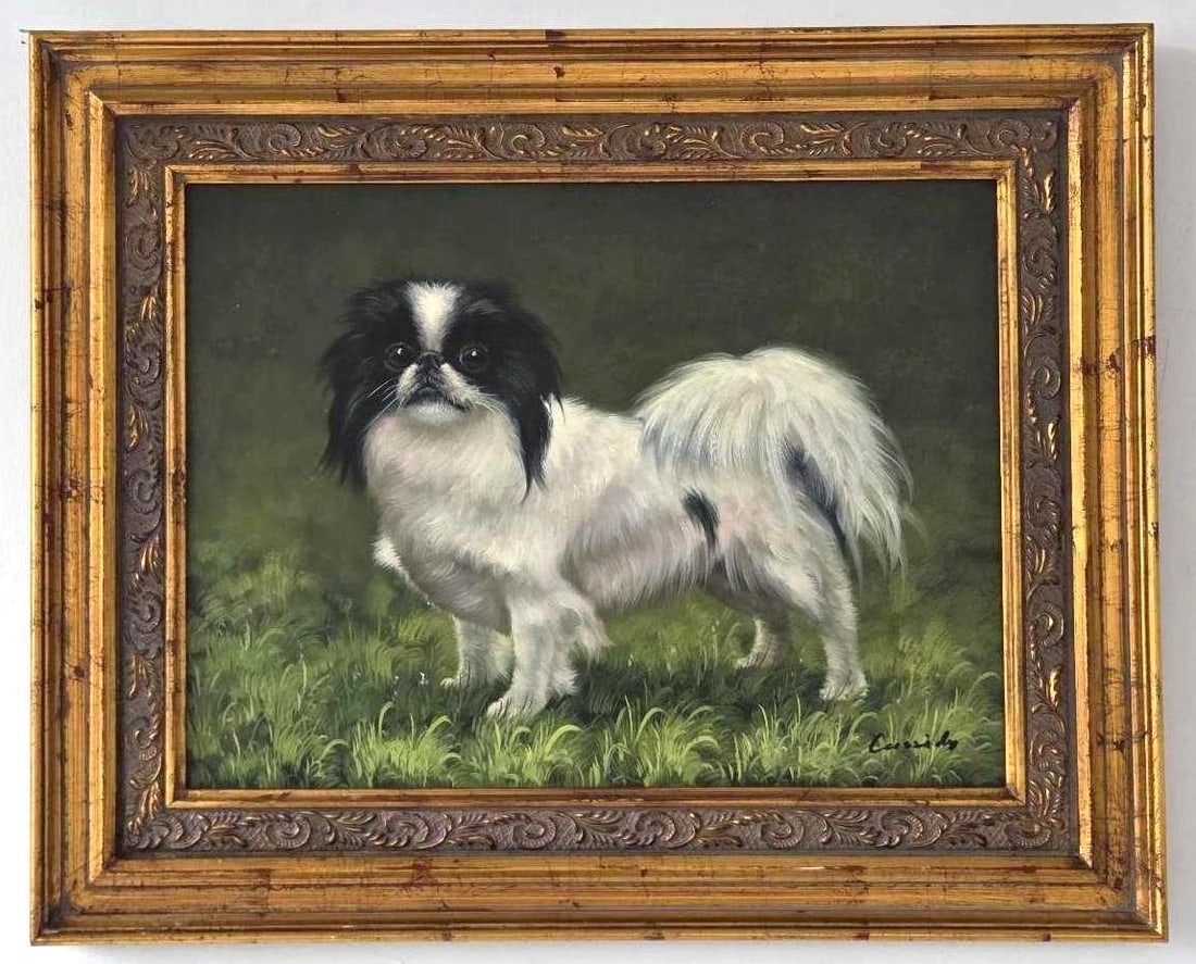 SIGNED OIL ON CANVAS JAPANESE CHIN PORTRAIT LAURA CASSIDY Attr.: An oil painting of a white & black Japanese Chin dog standing in grass. Art Approximate Dimensions: 11.5"L x 15"W Overall Approximate Dimensions: 17.5"L x 21"W Artist: Cassidy Attr