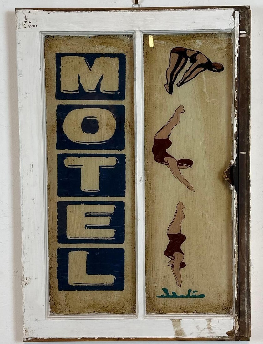 VINTAGE STARLIGHT MOTEL "DIVING LADY" FOLK ART WINDOW PAINTING (1 OF 2): Hand-painted acrylic on a reclaimed wood multi-pane window frame depicting the iconic mid-century neon sign and diving figure of the Starlight Motel. Approximate Dimensions: 19”x28”