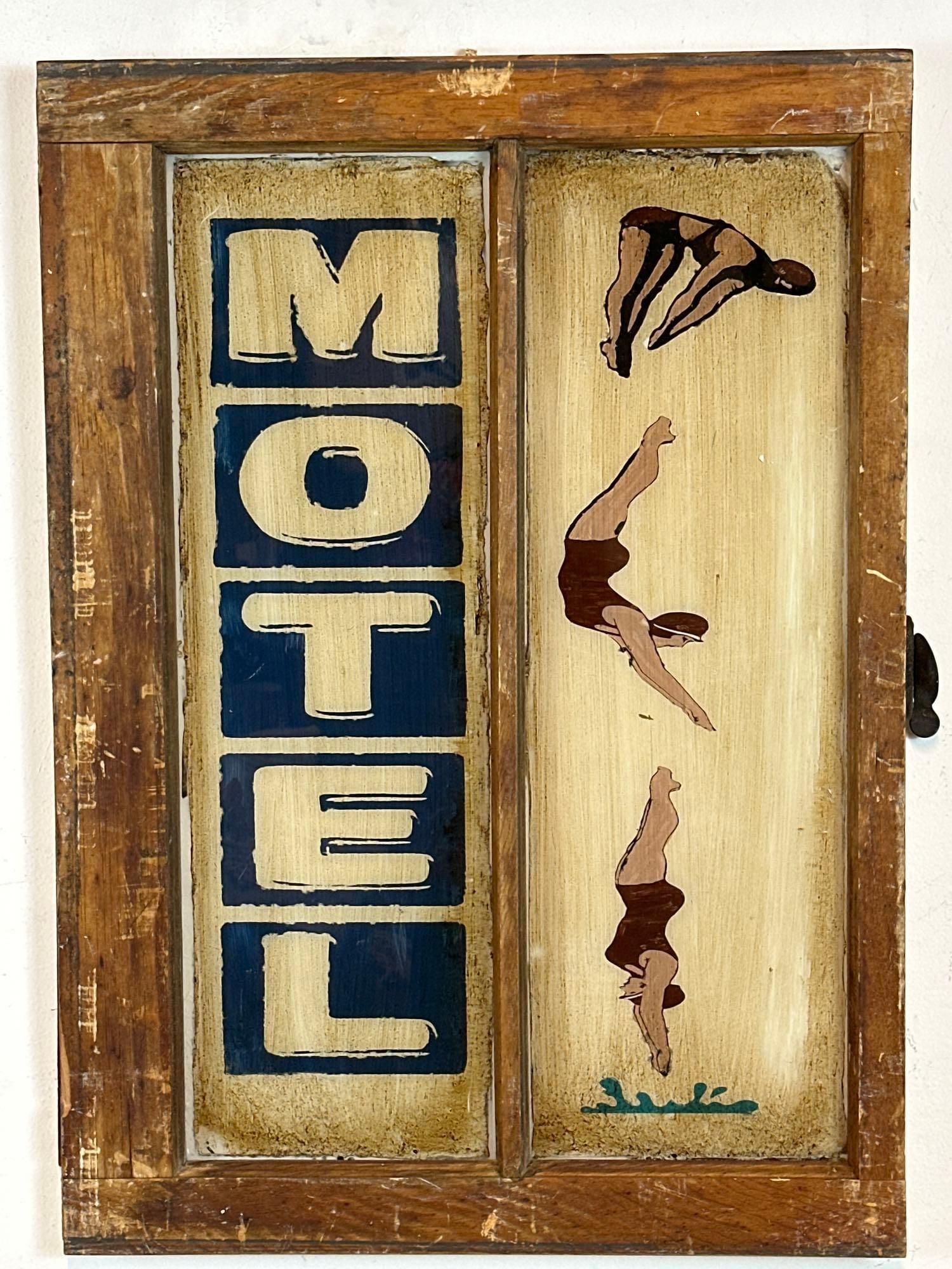 VINTAGE STARLIGHT MOTEL "DIVING LADY" FOLK ART WINDOW PAINTING (2 OF 2): Hand-painted acrylic on a reclaimed wood multi-pane window frame depicting the iconic mid-century neon sign and diving figure of the Starlight Motel. Approximate Dimensions: 20”x28”