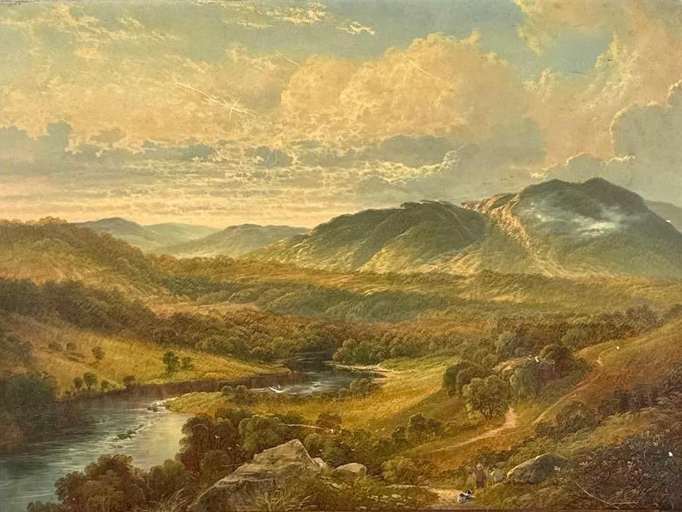 A.G. KURTIS OIL ON CANVAS "NOON DAY NEAR NORTH DOLGELLAU, WALES: Traditional Welsh landscape oil on canvas of a sunlit valley with cattle by a river and a mountainous backdrop in a composite gilded frame. Approximate Dimensions: framed 30'' x 24'' A