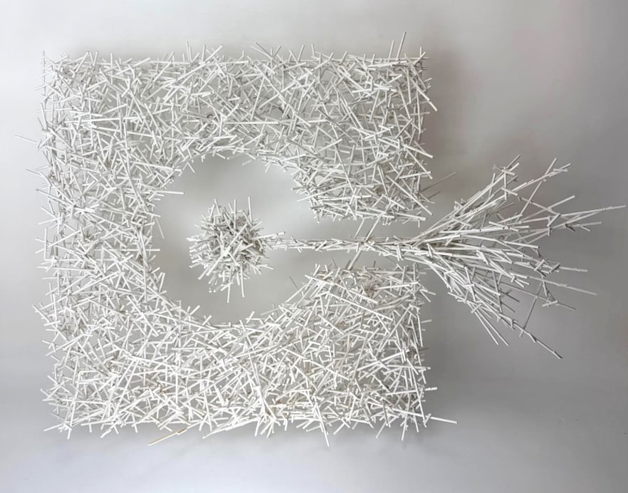 ROY BRAEGER DIMENSIONAL ENAMEL PAINTED BAMBOO ROD WALL SCULPTURE: Contemporary white enamel painted three-dimensional geometric wall construction composed of interconnected bamboo rods by artist Roy Braeger. Approximate Dimensions: 30" X 22" X 6"