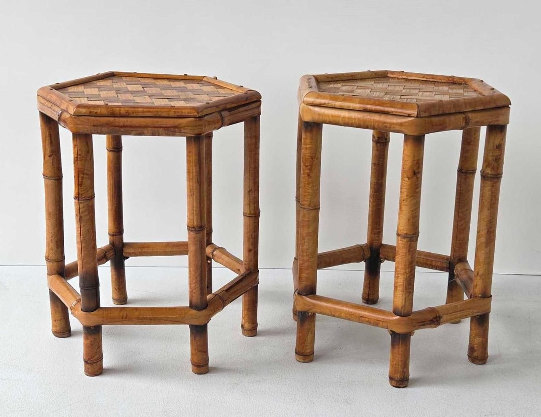 PAIR OF VINTAGE BAMBOO AND RATTAN HEXAGONAL STOOLS/STANDS (1 of 2): A pair of six-sided accent stools/plant stands featuring a natural finish bamboo frame with intricate woven rattan lattice-work tops. Approximate Dimensions: 15.5"H x 12.75"W x 11.5"D Arti