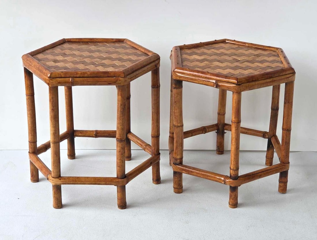PAIR OF VINTAGE BAMBOO AND RATTAN HEXAGONAL STOOLS/STANDS (2 of 2): A pair of six-sided accent stools/plant stands featuring a natural finish bamboo frame with intricate woven rattan lattice-work tops. Approximate Dimensions: 17.25"H x 16.75"W x 14.5"D Art
