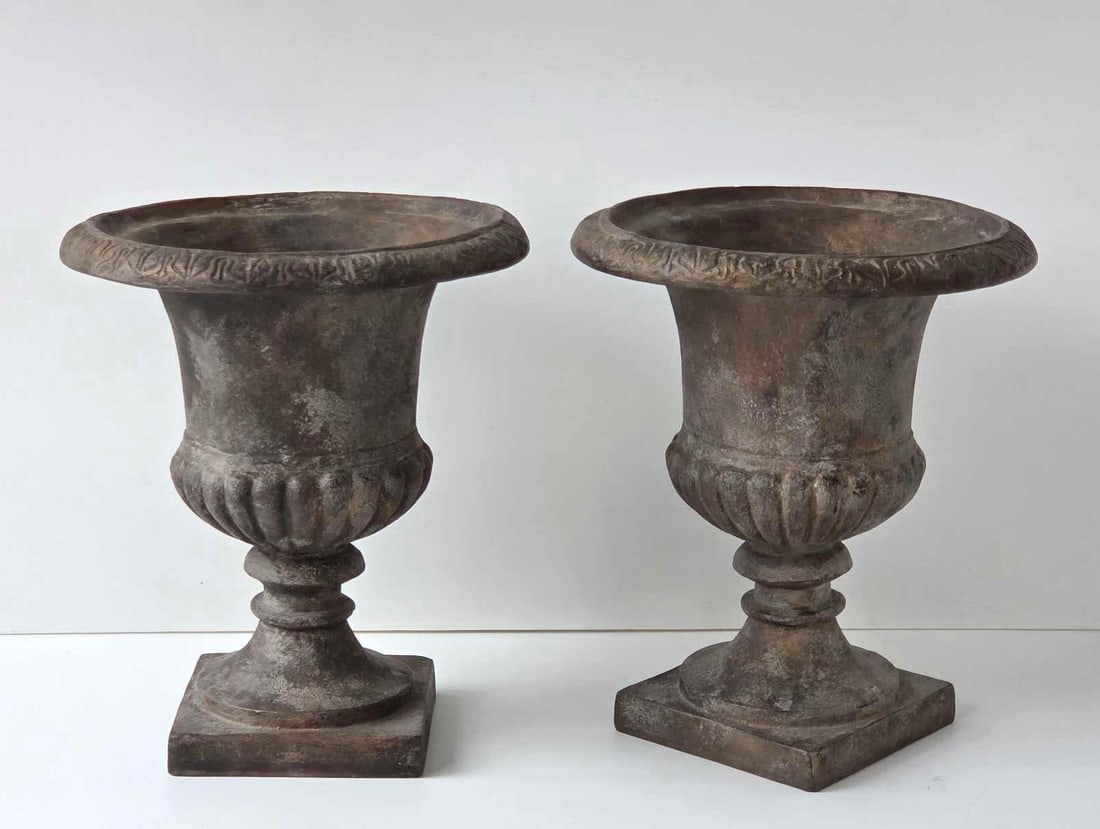 PAIR OF URN FORM COMPOSITE PLANTERS (1 of 8)