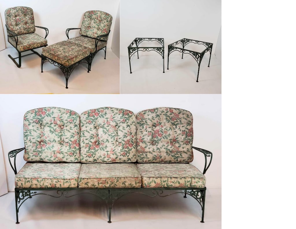 VINTAGE SIX PIECE CAST IRON AND ALUMINUM OUTDOOR SET: A vintage three-piece cast iron and aluminum outdoor set. Dimensions: Settee 33.75"h x 73"w x 30.5"d. Tables 20"h x 24" Arm chair 33.75"h x 29"w x 29.5"d Ottoman 13"
