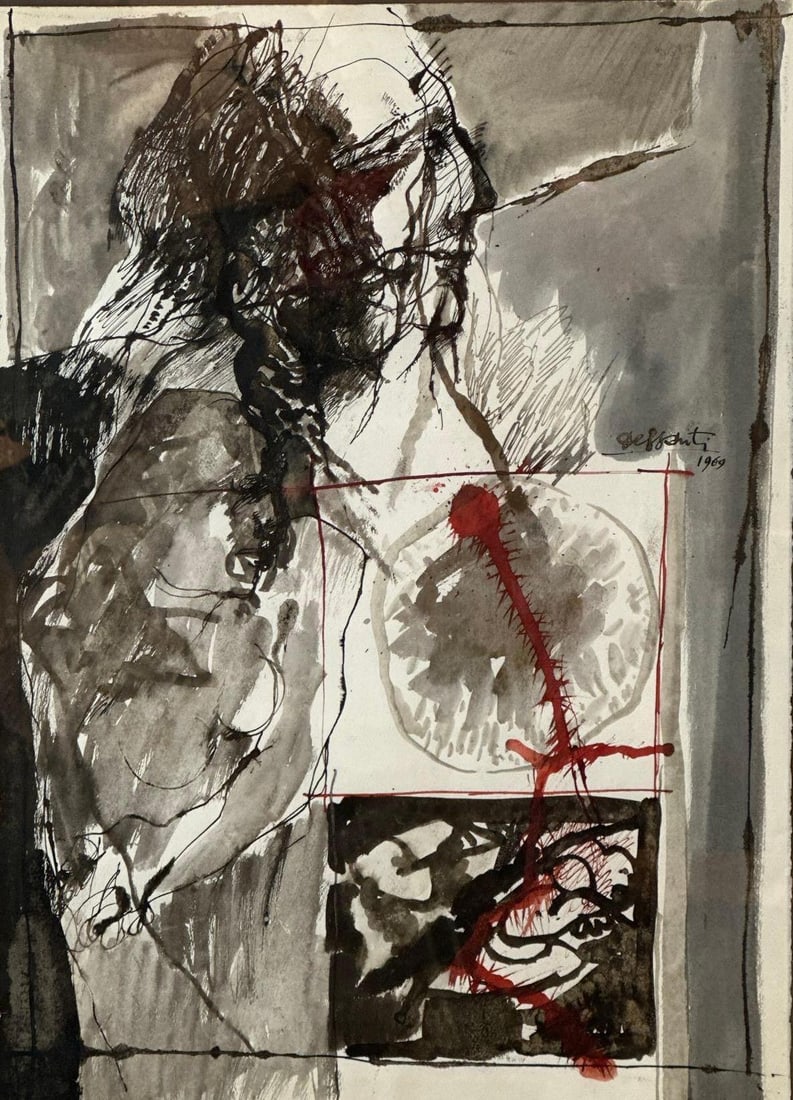 DESSANTI SIGNED ABSTRACT MIXED MEDIA PAINTING 1969: An original, mid-century modern composition on paper portraying a figure with vibrant red accents. Art Approximate Dimensions: 26” x 19” Overall Approximate Dimensions: 35” x 26&rdqu