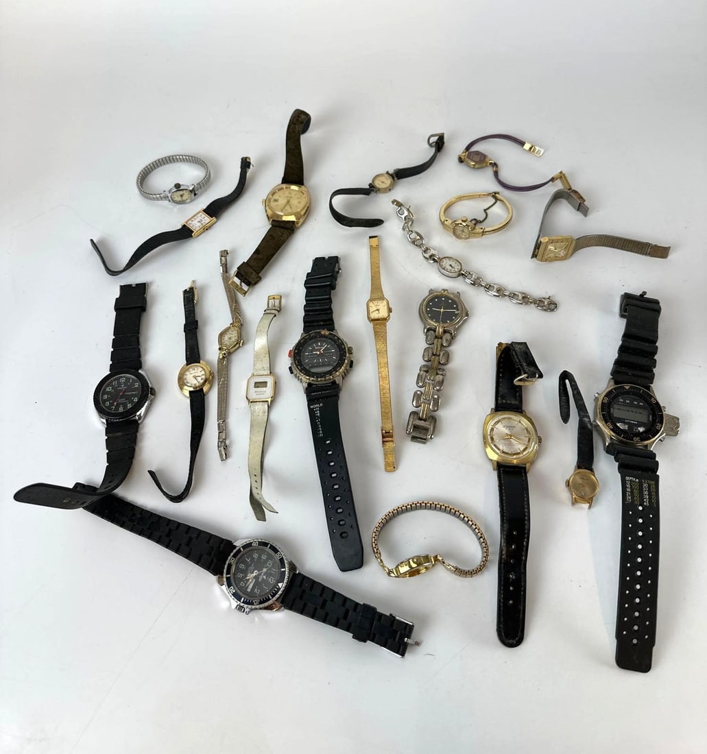 DISCOVERY LOT: ESTATE VINTAGE WATCHES INCLUDING BULOVA, WRANGLER, LUCERNE: Collection of vintage watches with various metal bracelets and leather straps in as-is condition. Approximate Dimensions: Various Makers Included: Lucerne, Bulova, Wrangler, Wilson & more Provenan