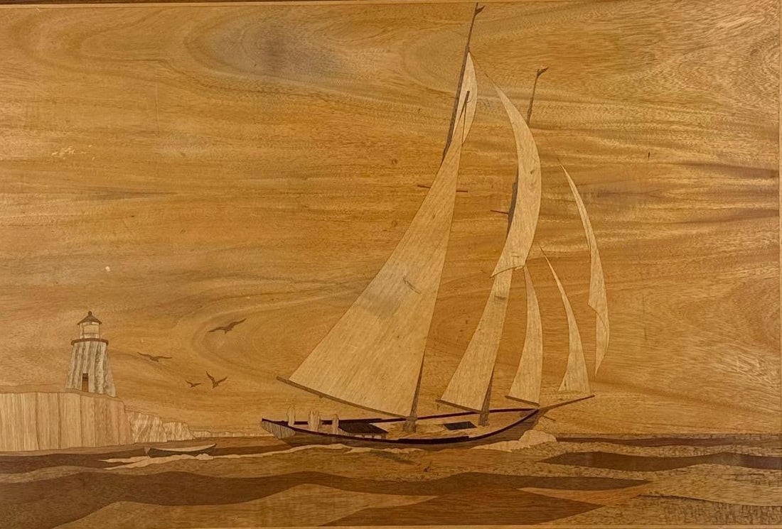 INLAY LARGE MARQUETRY WOOD SAILBOAT AND LIGHTHOUSE SCENE: Large-scale multi-wood marquetry panel. Approximate Dimensions: 38”x28” Artist or Maker: Unknown Provenance: From a New York Collector. Not