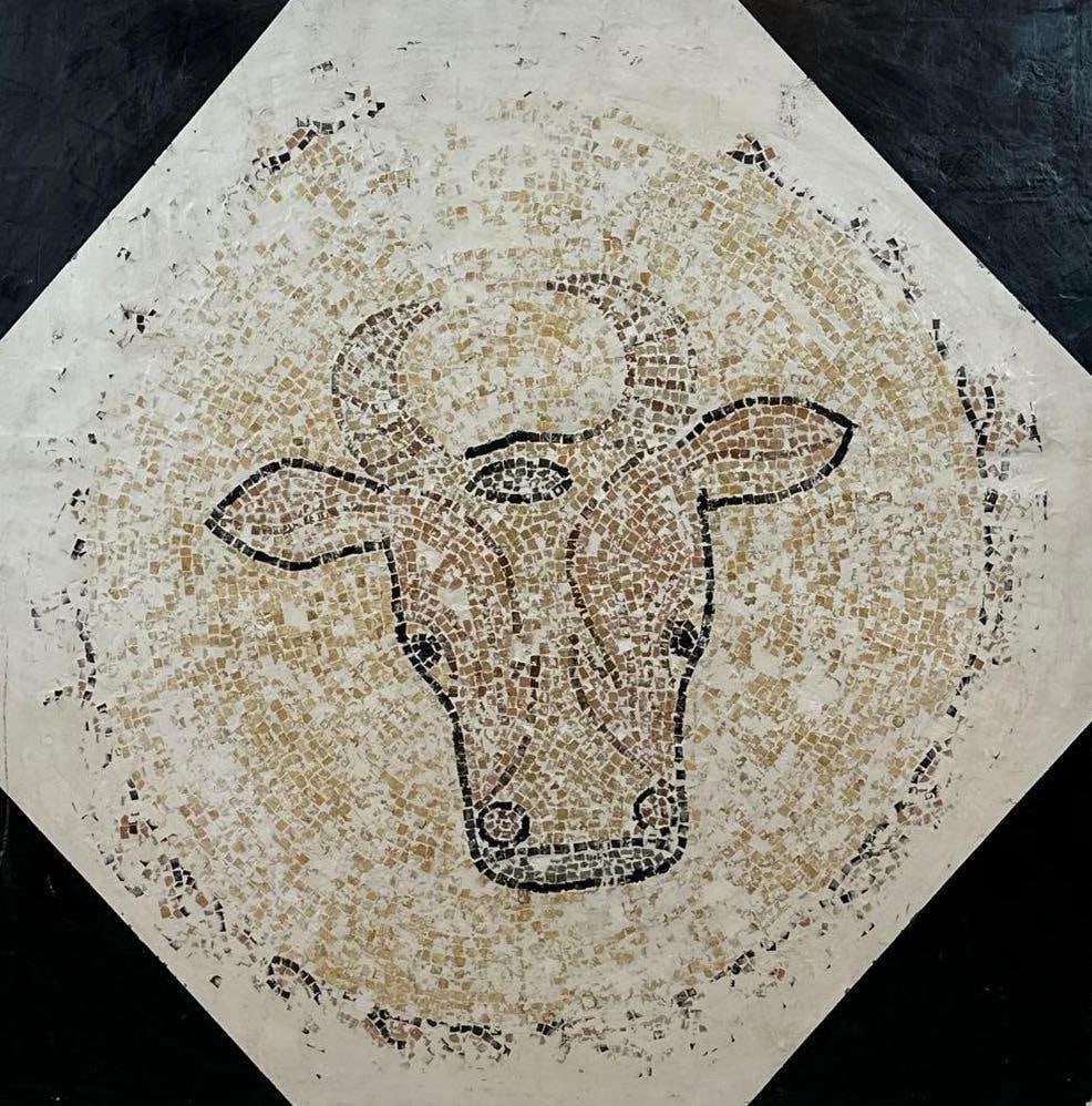 ANCIENT ROMAN STYLE LARGE BULL HEAD TESSERAE MOSAIC WALL ART MID CENTURY: Large square mixed media panel with hand-set stone-style tesserae forming a bull's head within a circular medallion and black geometric corner borders. Approximate Dimensions: 40" x 40" Ar