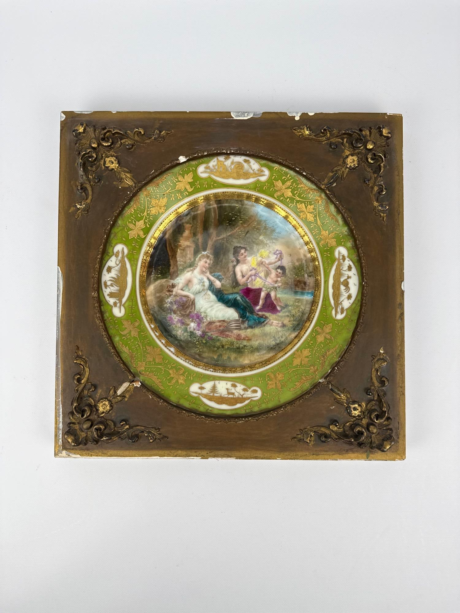 GILT FRAMED AUSTRIAN ROYAL VIENNA STYLE PORCELAIN CABINET PLATE: A fine late 19th-century porcelain cabinet plate in the Royal Vienna style. Approximate Dimensions: 12” X 12” X 1.25”d Artist or Maker: Unknown Provenance: From a Bridgehampton priva