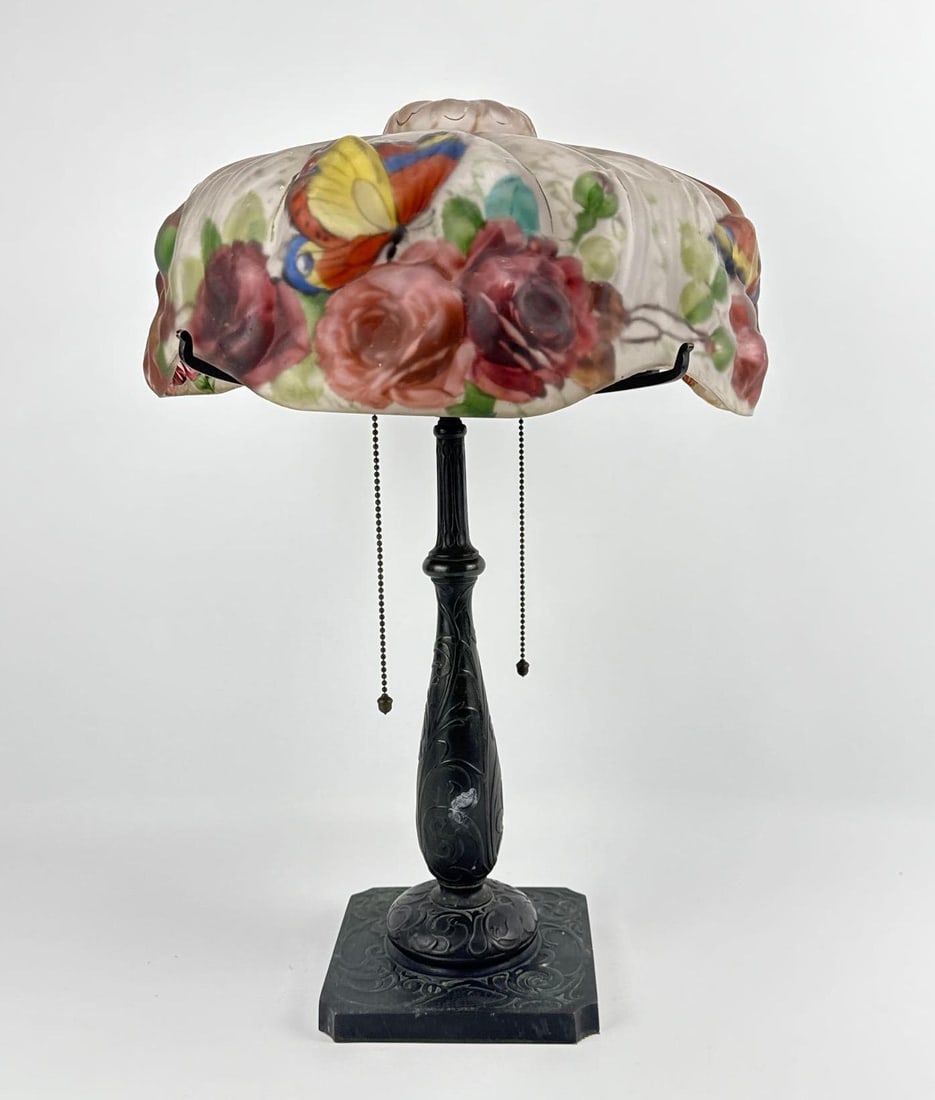 PAIRPOINT “BUTTERFLY AND ROSES?? PAPILLON PUFFY GLASS TABLE LAMP WITH LOSSES (1 of 19)